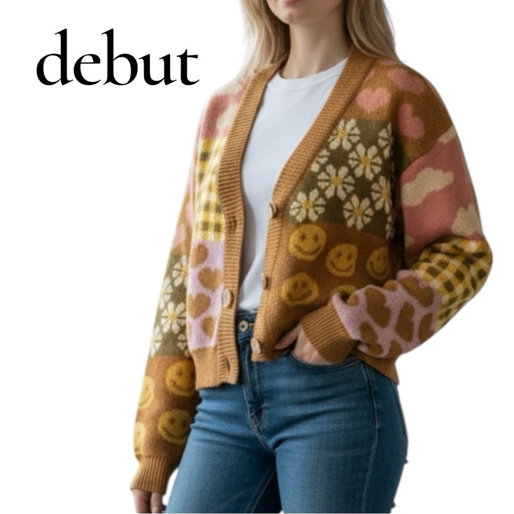 Debut Patchwork Cardigan Sweater Smiley Hearts Daisy Gingham Size S